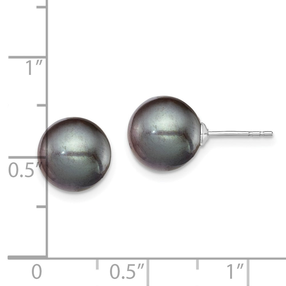 Rhodium-plated Silver 9-10mm Black FWC Round Pearl Stud Earrings