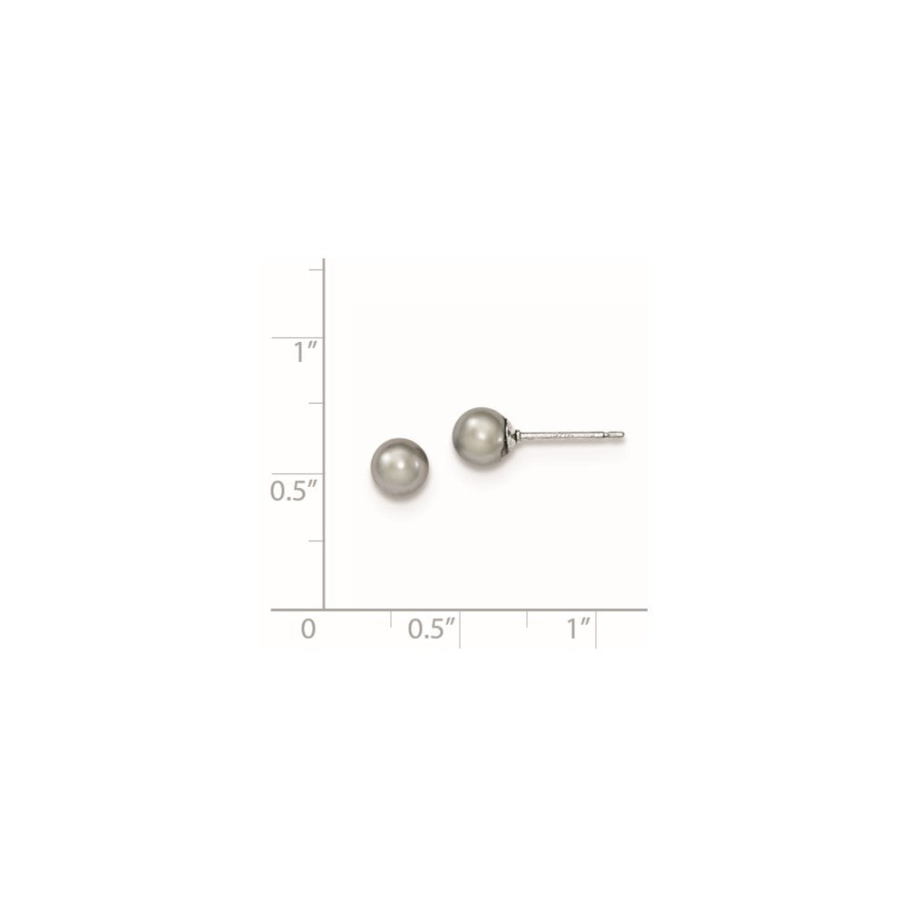 Rhodium-plated Sterling Silver 5-6mm Grey FWC Round Pearl Stud Earrings