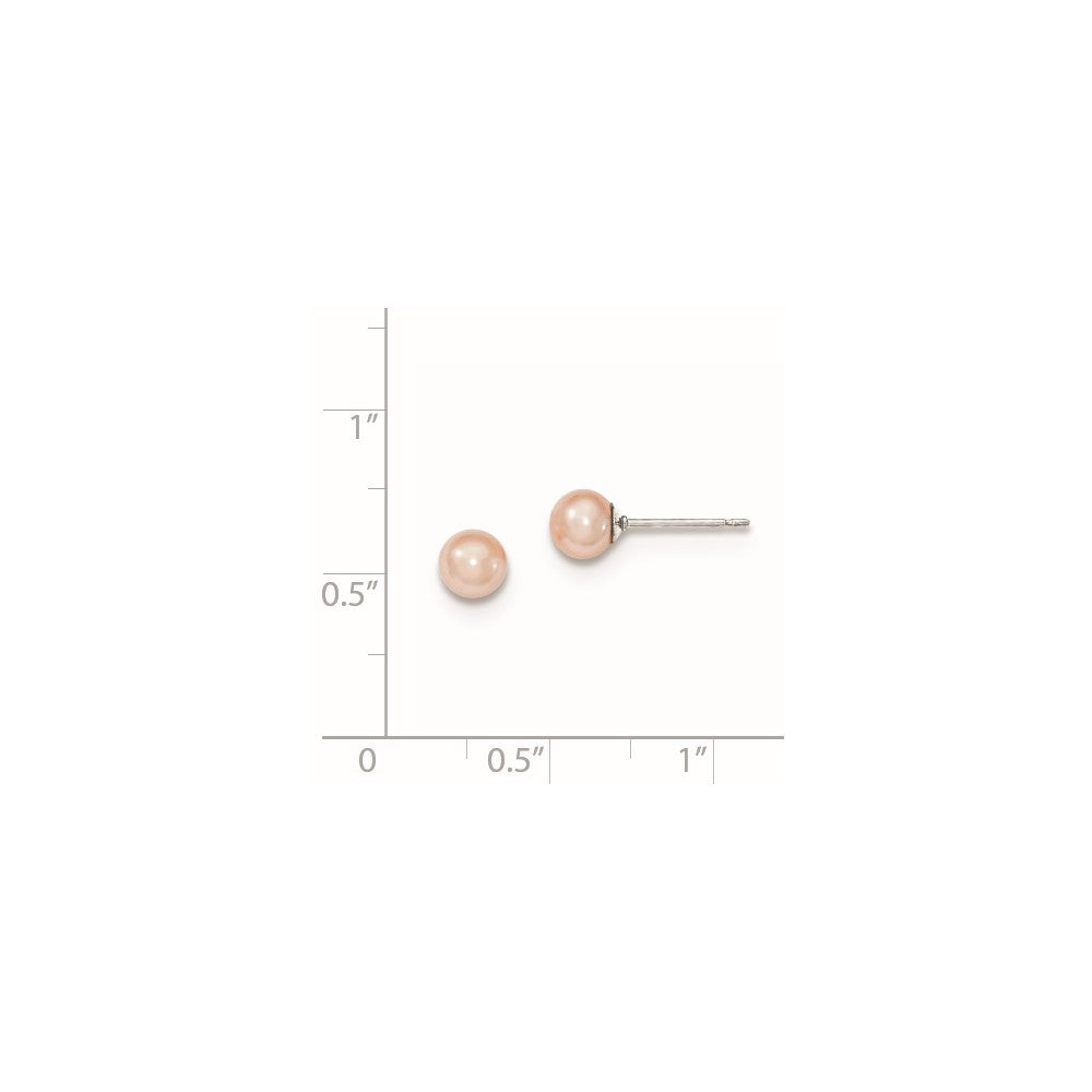 Rhodium-plated Sterling Silver 5-6mm Pink FWC Round Pearl Stud Earrings
