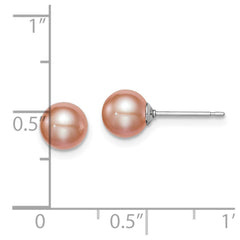 Rhodium-plated Sterling Silver 6-7mm Pink FWC Round Pearl Stud Earrings