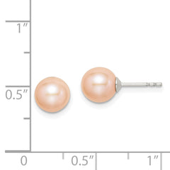 Rhodium-plated Sterling Silver 7-8mm Pink FWC Round Pearl Stud Earrings