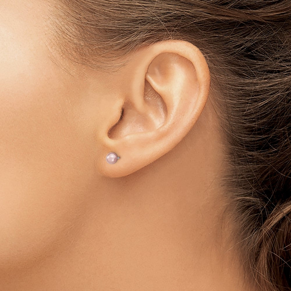 Rhodium-plated Sterling Silver 4-5mm Purple FWC Round Pearl Stud Earrings