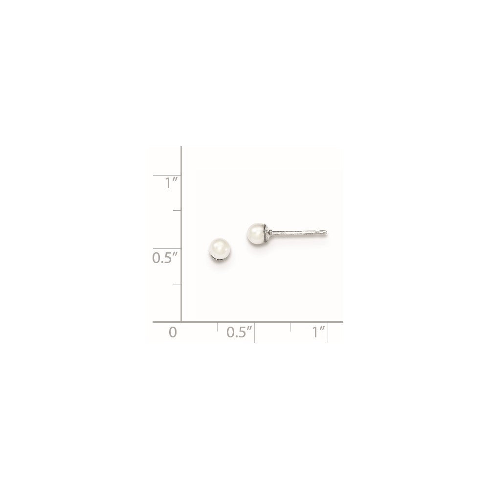 Rhodium-plated Sterling Silver 3-4mm White FWC Round Pearl Stud Earrings