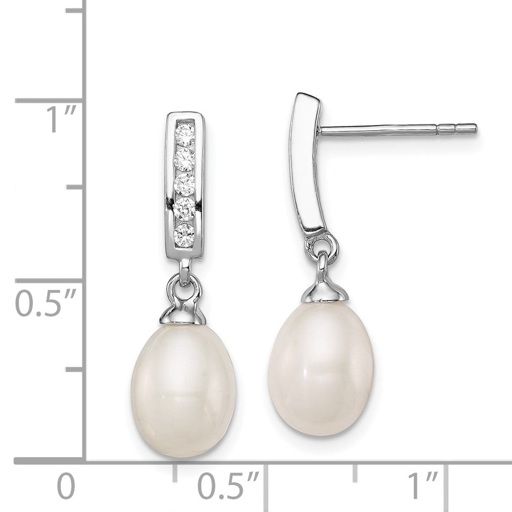 Rhodium-plated Sterling Silver 8-9mm White FWC Pearl CZ Post Dangle Earrings