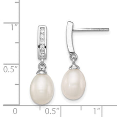 Rhodium-plated Sterling Silver 8-9mm White FWC Pearl CZ Post Dangle Earrings