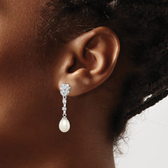 Rhodium-plated Sterling Silver 8-9mm White FWC Pearl CZ Post Dangle Earrings
