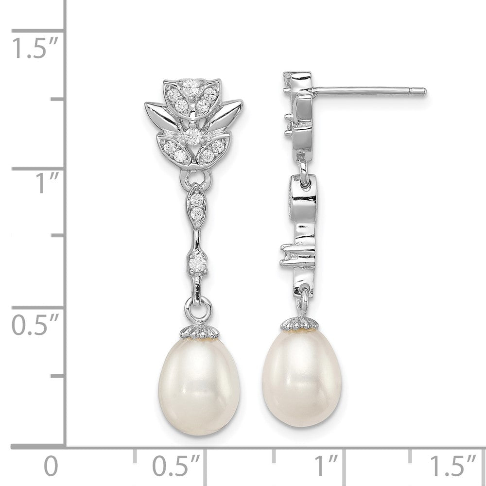 Rhodium-plated Sterling Silver 8-9mm White FWC Pearl CZ Post Dangle Earrings