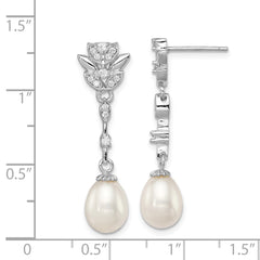Rhodium-plated Sterling Silver 8-9mm White FWC Pearl CZ Post Dangle Earrings