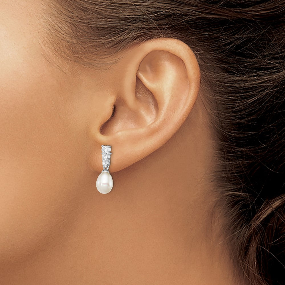 Rhodium-plated Sterling Silver 7-8mm White FWC Pearl CZ Post Dangle Earrings