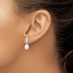 Rhodium-plated Sterling Silver 7-8mm White FWC Pearl CZ Post Dangle Earrings