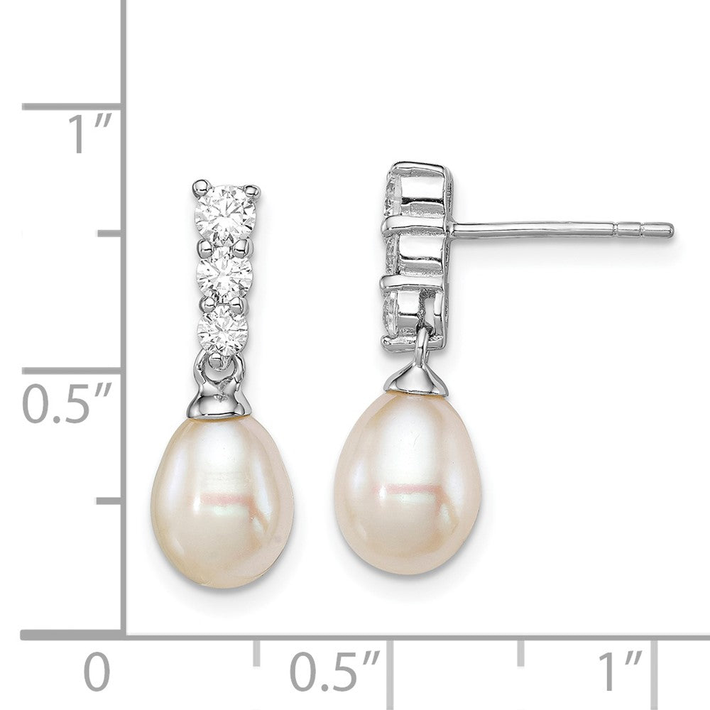 Rhodium-plated Sterling Silver 7-8mm White FWC Pearl CZ Post Dangle Earrings