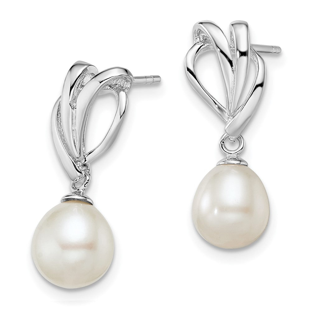 Rhodium-plated Sterling Silver 7-8mm White FWC Pearl Post Dangle Earrings