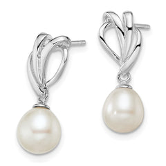Rhodium-plated Sterling Silver 7-8mm White FWC Pearl Post Dangle Earrings