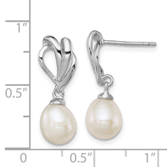 Rhodium-plated Sterling Silver 7-8mm White FWC Pearl Post Dangle Earrings