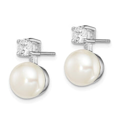 Rhodium-plated Sterling Silver 7-8mm White FWC Pearl CZ Post Earrings