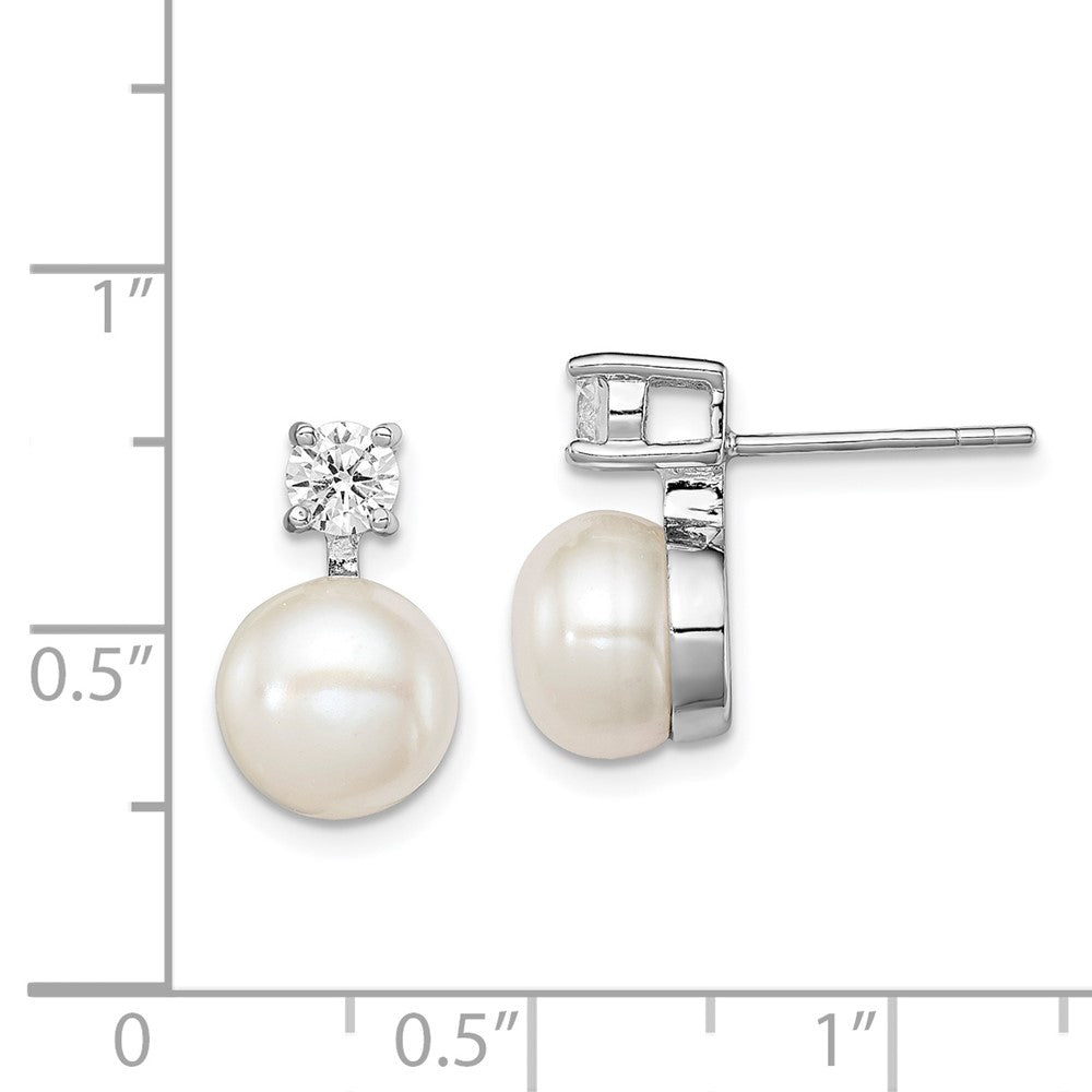 Rhodium-plated Sterling Silver 7-8mm White FWC Pearl CZ Post Earrings