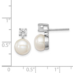 Rhodium-plated Sterling Silver 7-8mm White FWC Pearl CZ Post Earrings