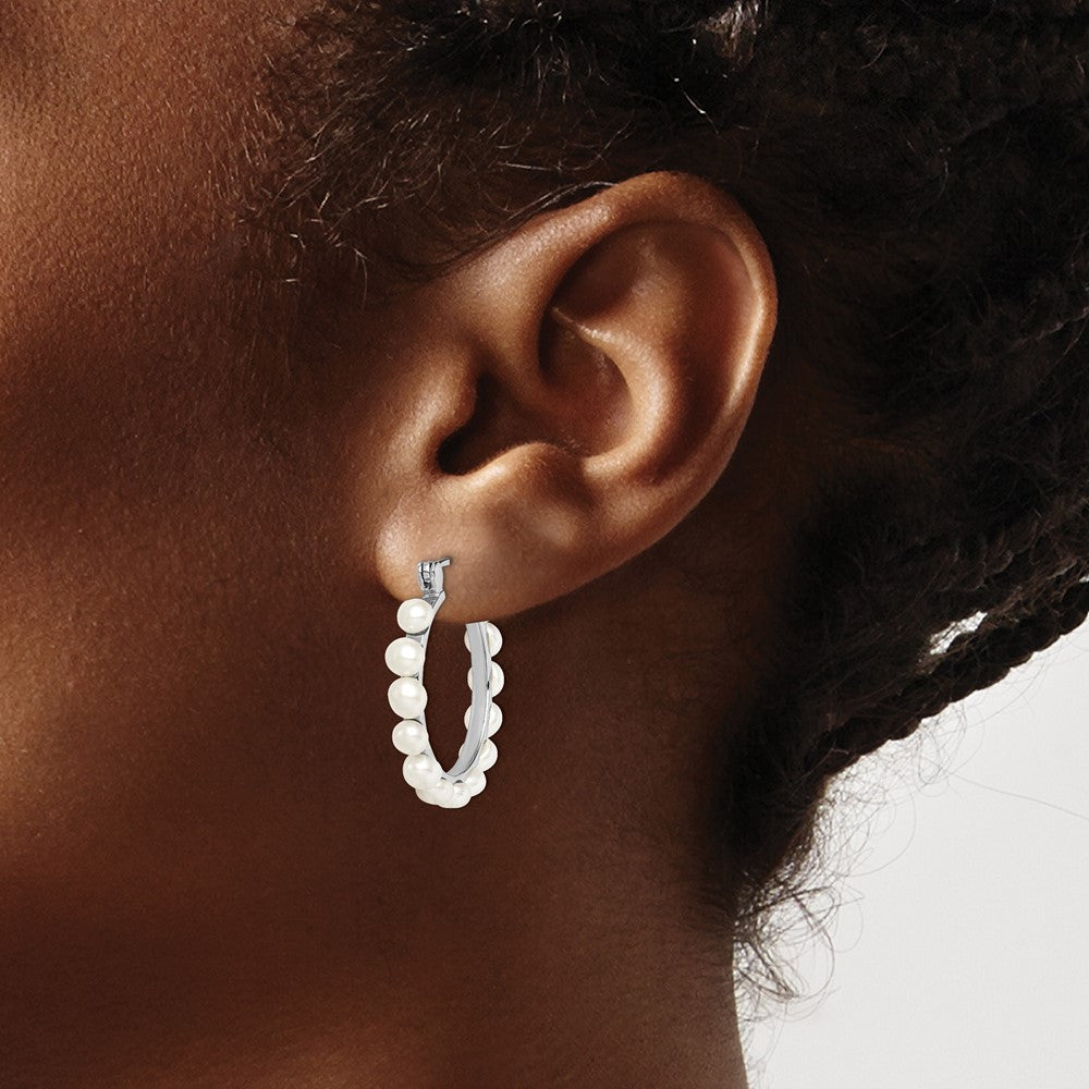 Rhodium-plated Sterling Silver 4-5mm White FWC Pearl Hoops