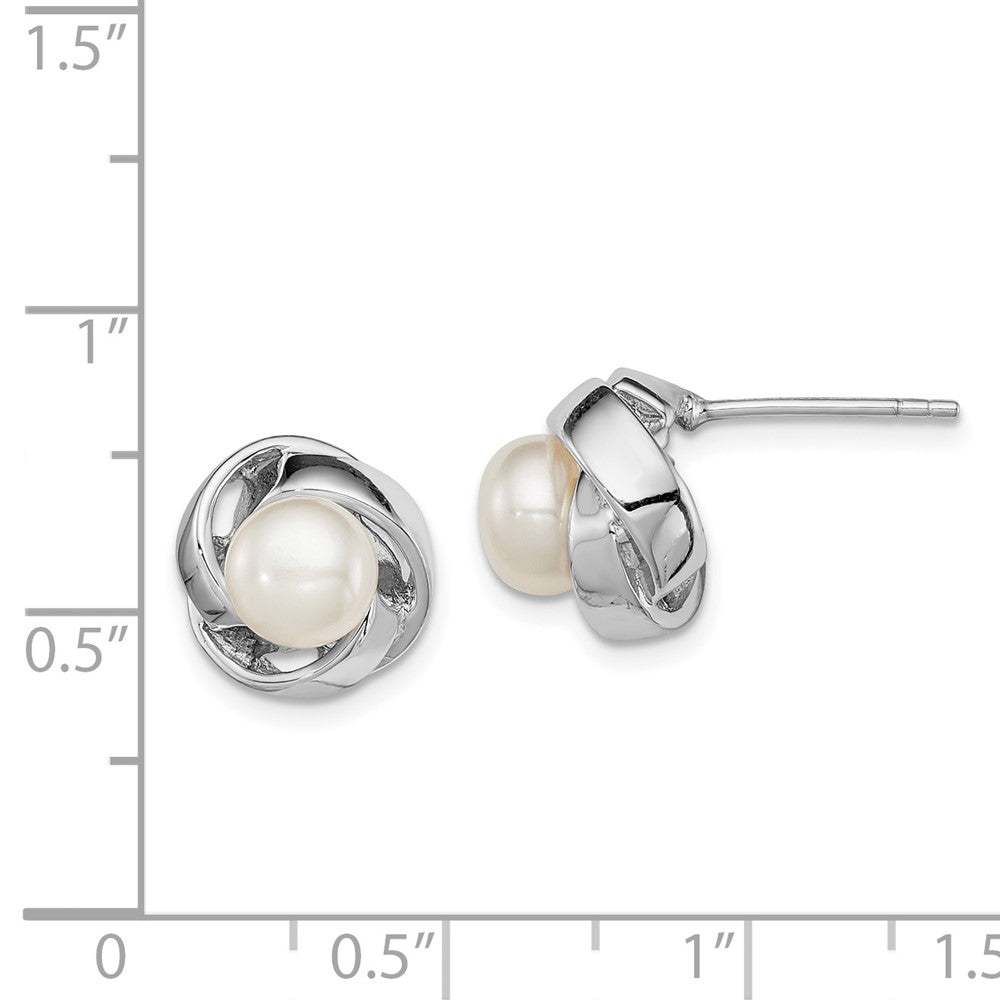 Rhodium-plated Sterling Silver 6-7mm White FWC Pearl Knot Post Earrings