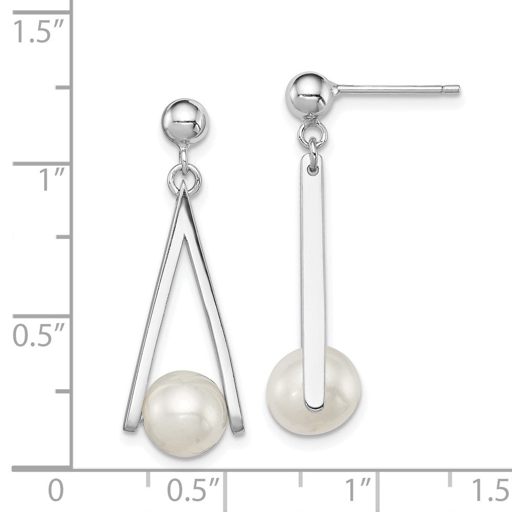 Rhodium-plated Sterling Silver 8-9mm White FWC Pearl Post Dangle