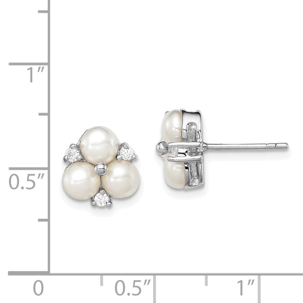 Rhodium-plated Sterling Silver 5-6mm White FWC 3-Pearl CZ Post Earrings