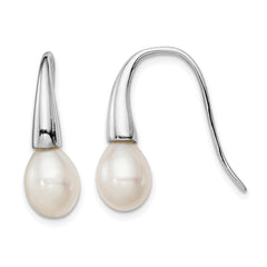 Rhodium-plated Sterling Silver 7-8mm White FWC Pearl Dangle Earrings