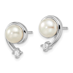 Rhodium-plated Sterling Silver 7-8mm White FWC Pearl CZ Post Earrings
