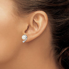 Rhodium-plated Sterling Silver 7-8mm White FWC Pearl CZ Post Earrings