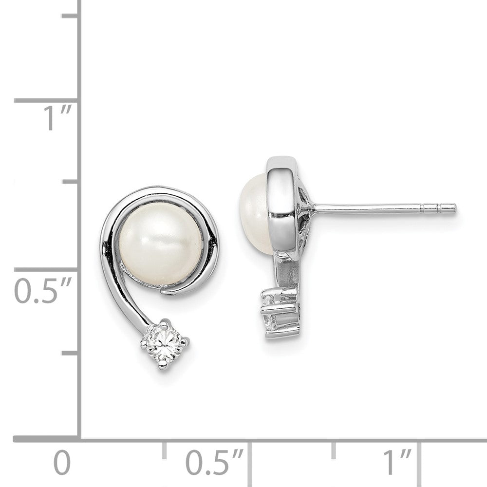 Rhodium-plated Sterling Silver 7-8mm White FWC Pearl CZ Post Earrings