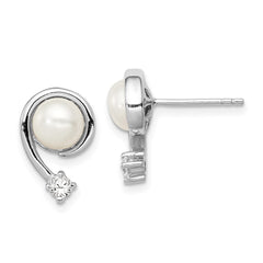 Rhodium-plated Sterling Silver 7-8mm White FWC Pearl CZ Post Earrings