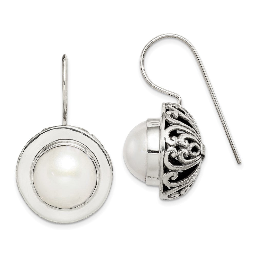 Sterling Silver Polished Antiqued 12-12.5 mm FWC Mabe Pearl Earrings