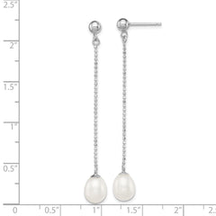 Rhodium-plated Sterling Silver 7-8mm White FWC Pearl Post Dangle Earrings