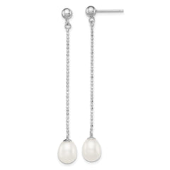 Rhodium-plated Sterling Silver 7-8mm White FWC Pearl Post Dangle Earrings