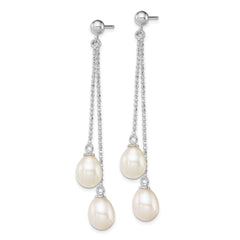 Rhodium-plated Sterling Silver 7-8mm White FWC Pearl Post Dangle Earrings