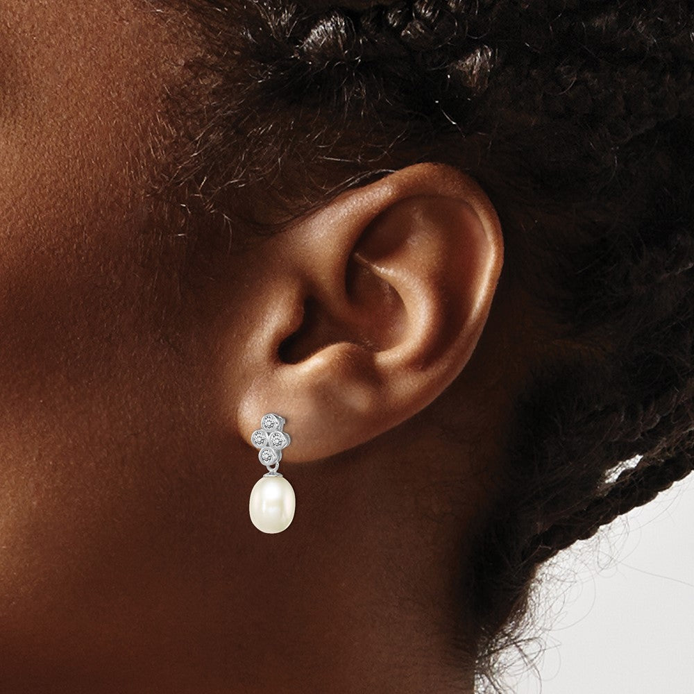 Rhodium-plated Sterling Silver 7-8mm White FWC Pearl CZ Post Dangle Earrings