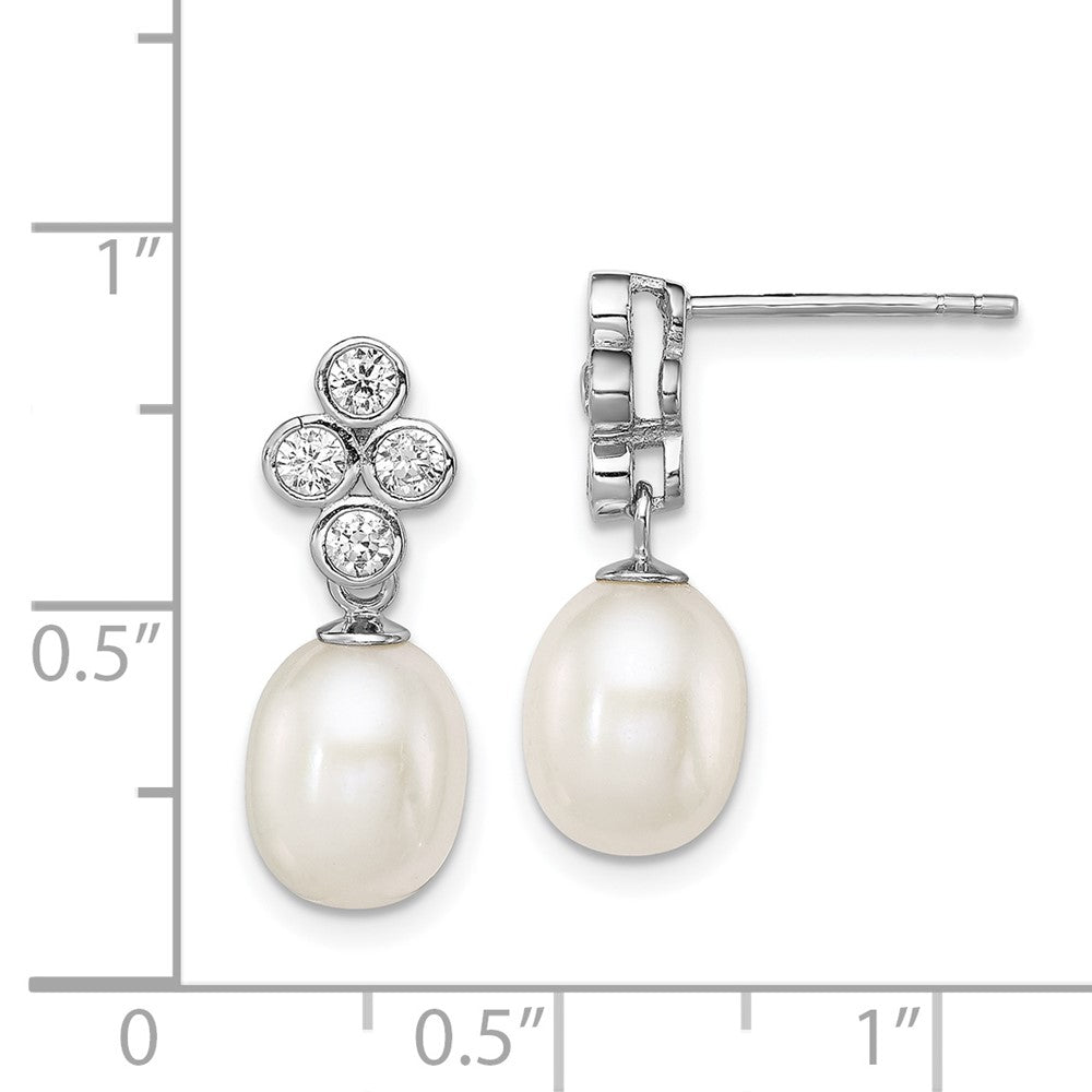 Rhodium-plated Sterling Silver 7-8mm White FWC Pearl CZ Post Dangle Earrings