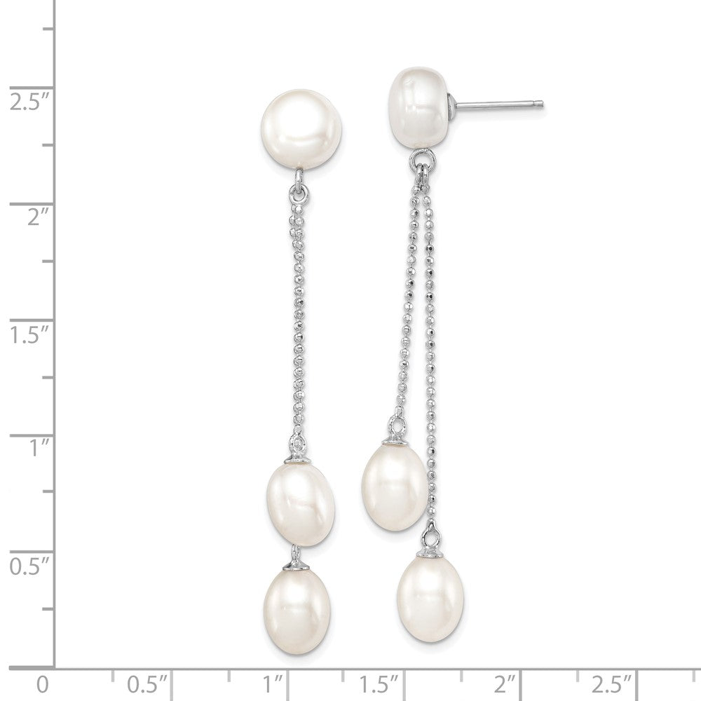 Rhodium-plated Sterling Silver 6-9mm White FWC 3-Pearl Post Dangle Earrings
