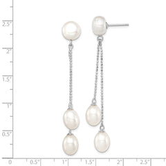Rhodium-plated Sterling Silver 6-9mm White FWC 3-Pearl Post Dangle Earrings
