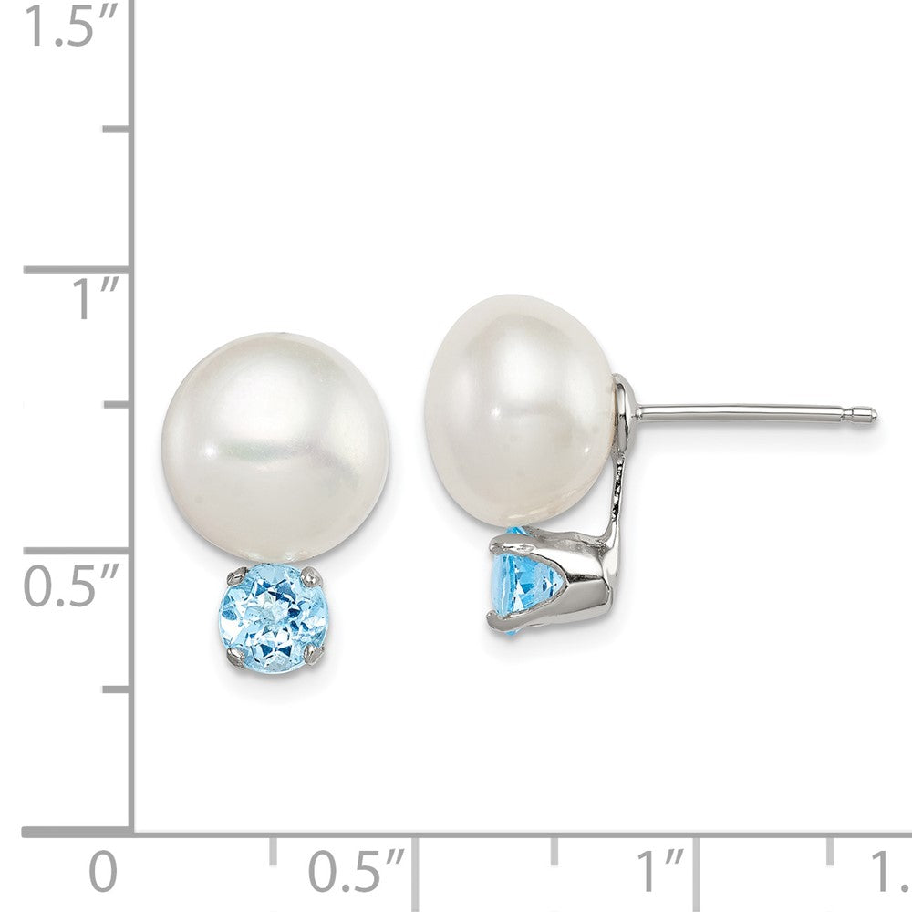Sterling Silver 10-11mm FWC Button Pearl with Blue Topaz Earrings