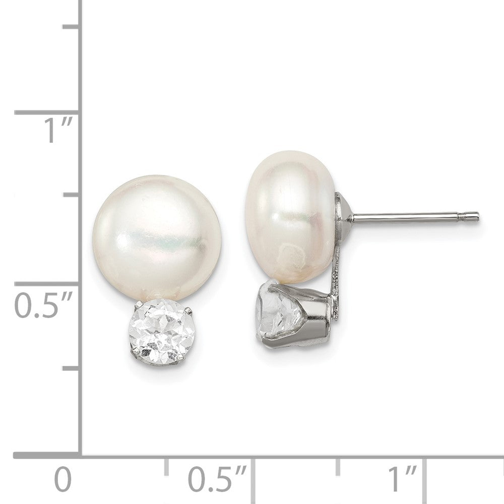 Sterling Silver 10-11mm FWC Button Pearl with White Topaz Earrings