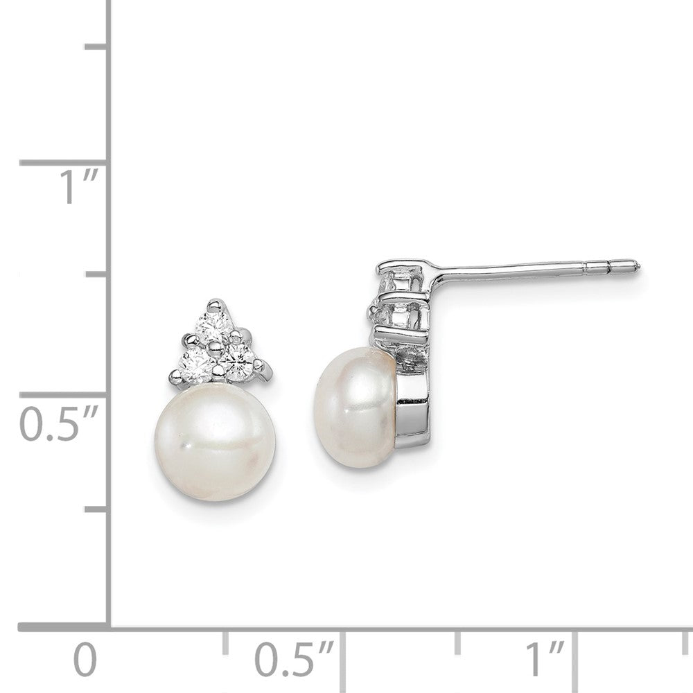 Rhodium-plated Sterling Silver 6-7mm White FWC Pearl CZ Post Earrings
