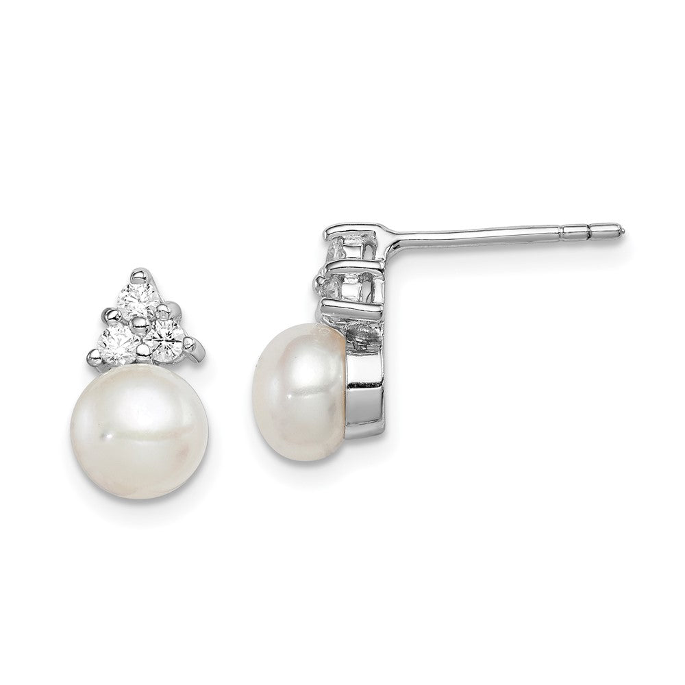Rhodium-plated Sterling Silver 6-7mm White FWC Pearl CZ Post Earrings