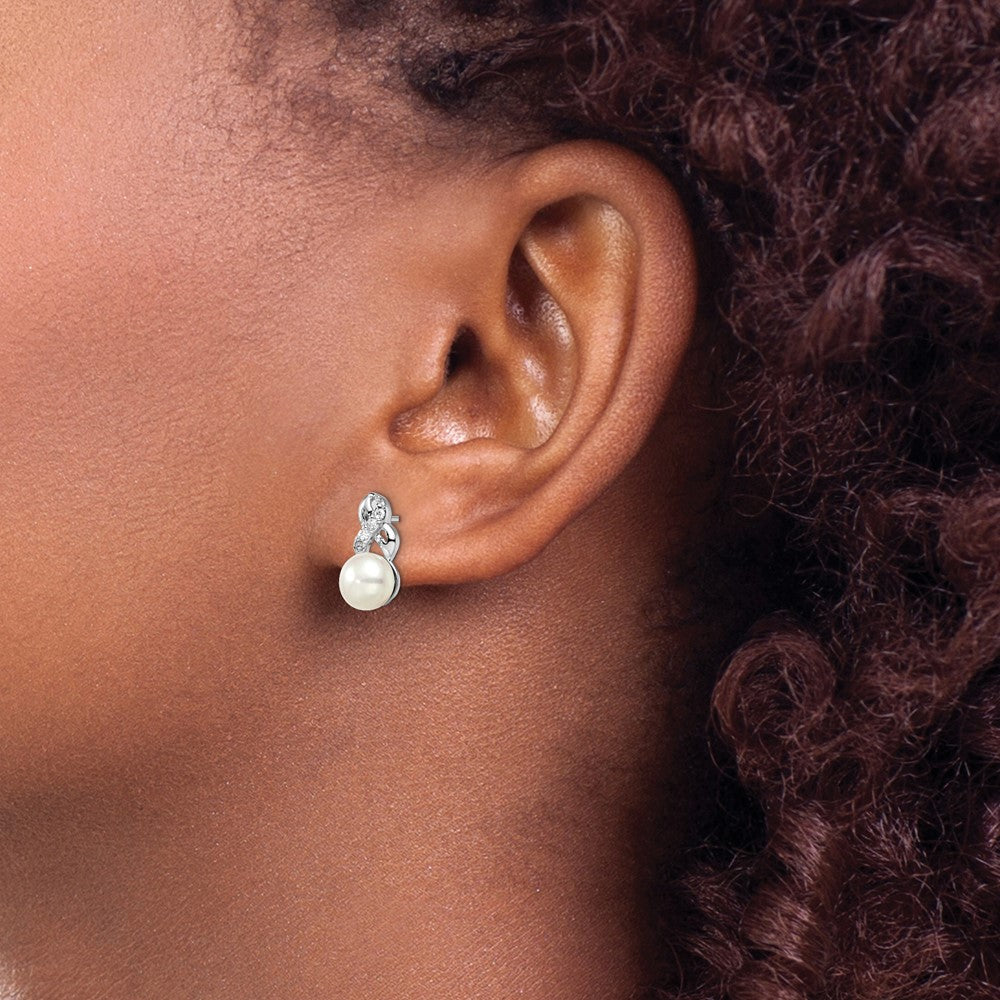 Rhodium-plated Sterling Silver 6-7mm White FWC Pearl CZ Post Earrings