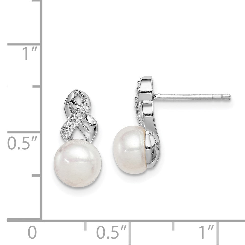 Rhodium-plated Sterling Silver 6-7mm White FWC Pearl CZ Post Earrings