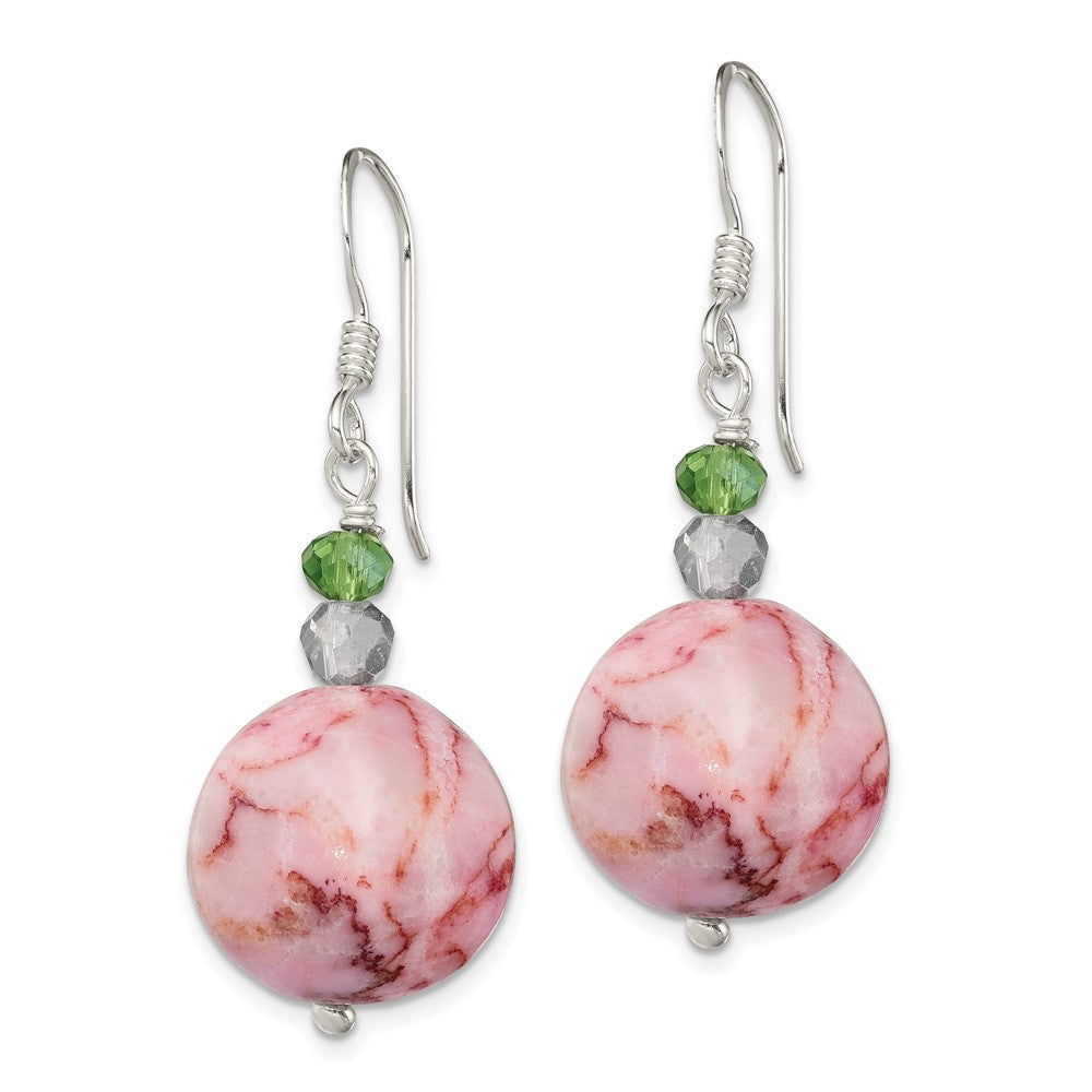 Sterling Silver Green Crystal and Pink Jasper Dangle Earrings
