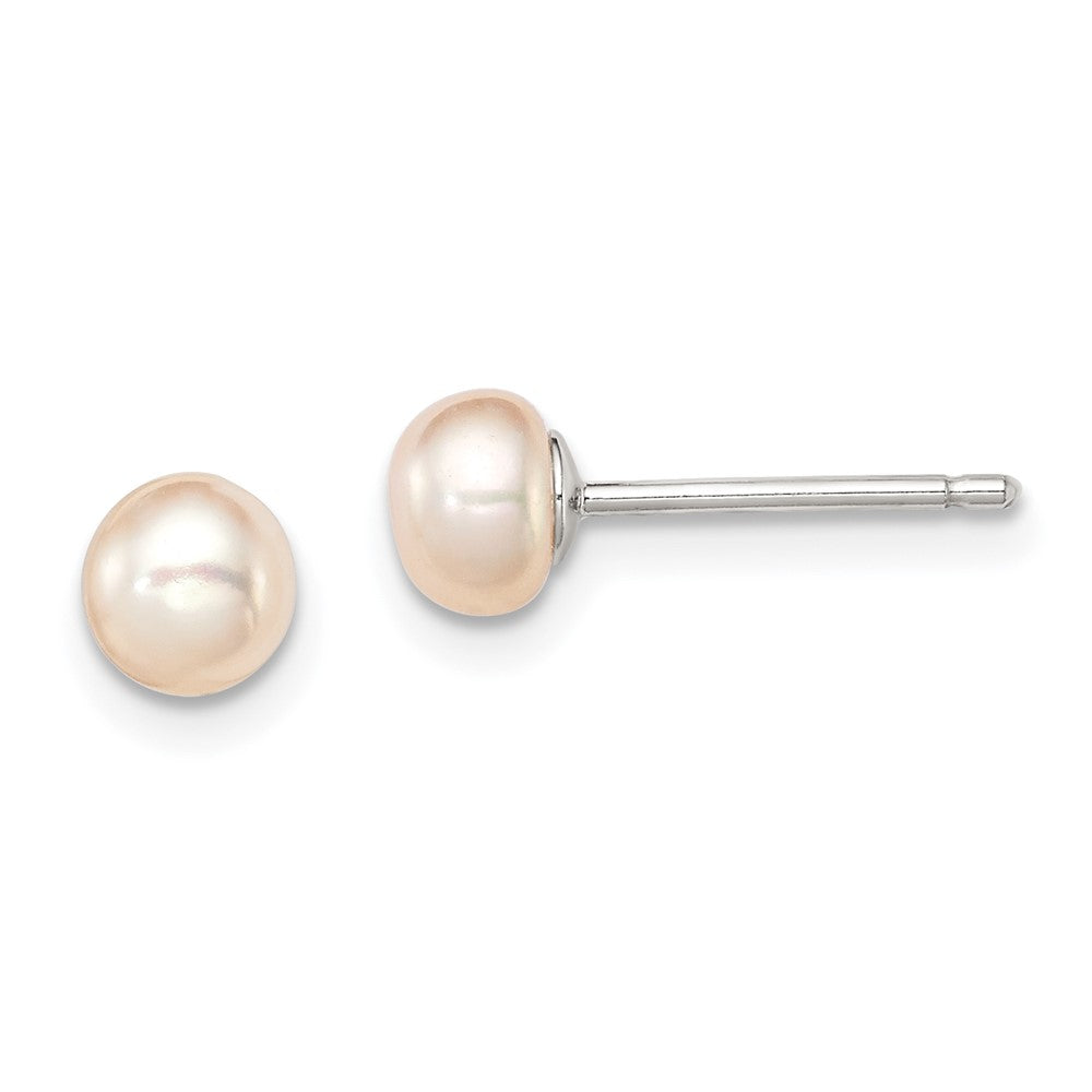 Rhodium-plated Silver 4-5mm Pink Button FWC Pearl Post Earrings