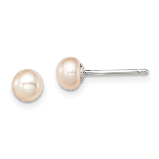 Rhodium-plated Silver 4-5mm Pink Button FWC Pearl Post Earrings