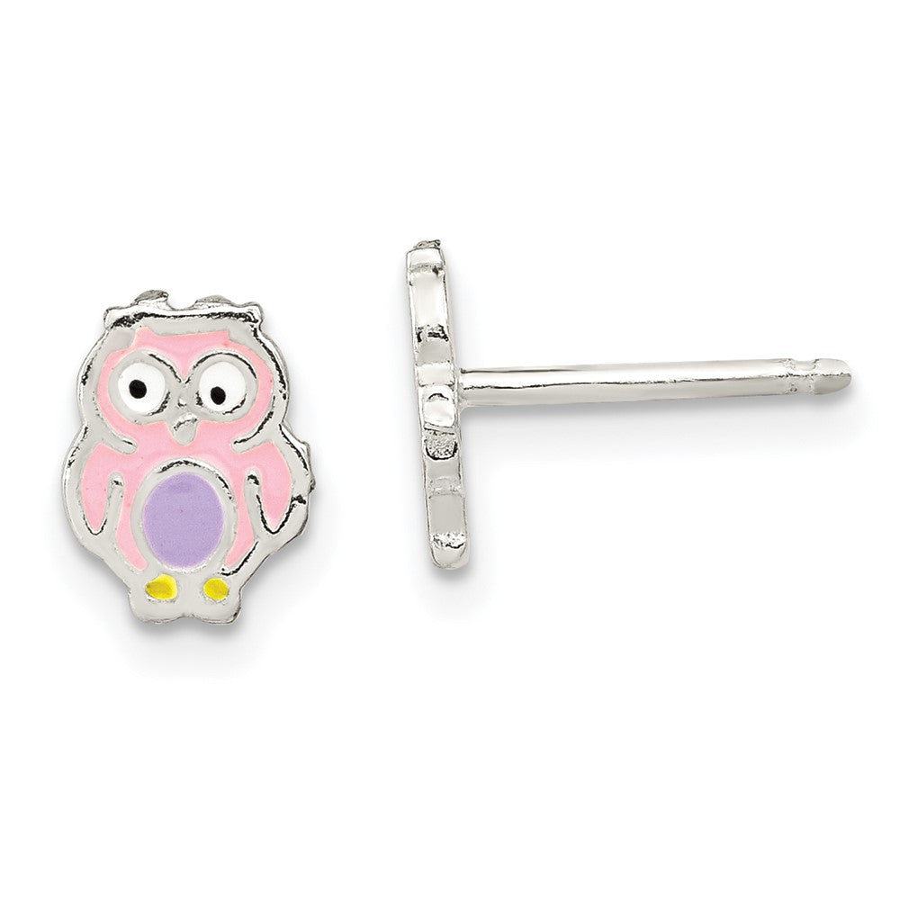 Sterling Silver Polished & Enameled Owl Post Earrings