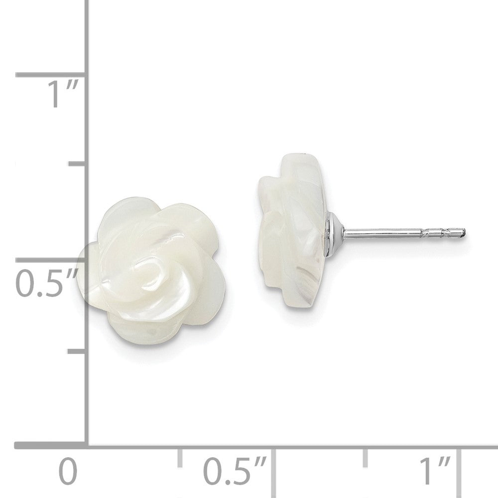 Rhodium-plated Silver 10mm White Mother of Pearl Flower Earrings