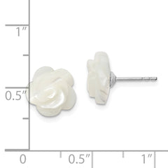 Rhodium-plated Silver 10mm White Mother of Pearl Flower Earrings